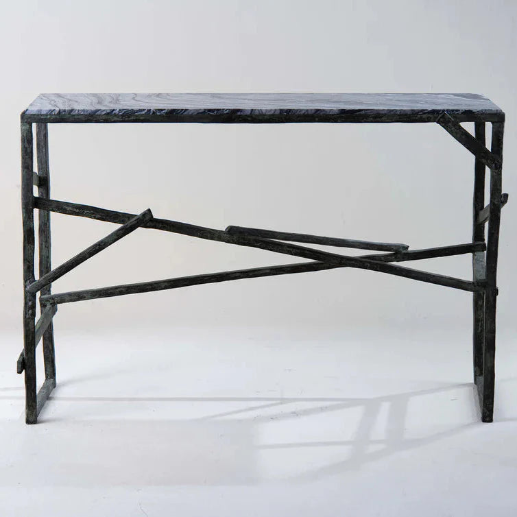 Hecate Console Table - Verdigris with Silver Wave Honed Marble Top