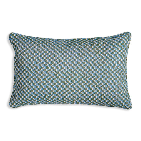 Large Oblong Cushion in Green and Blue Ruffle, 21 x 14