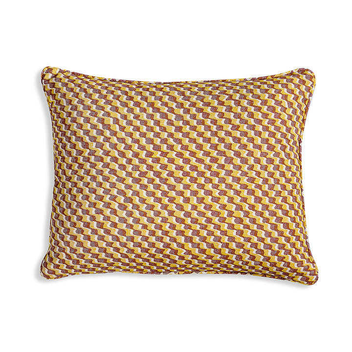 Small Oblong Cushion in Yellow and Dark Pink Ruffle, 17 x 14