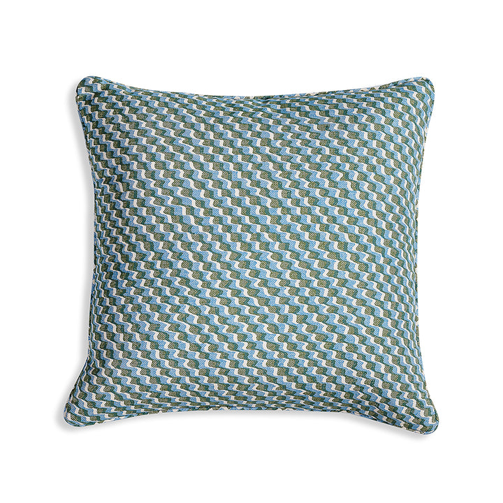 Small Square Cushion in Green and Blue Ruffle, 17 x 17