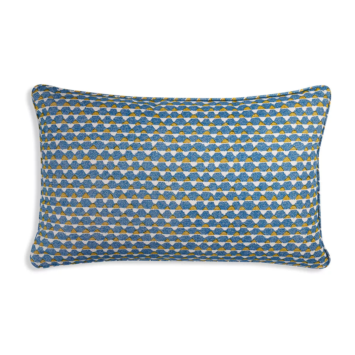 Large Oblong Cushion in Blue and Yellow Tara, 21 x 13.5 Inches