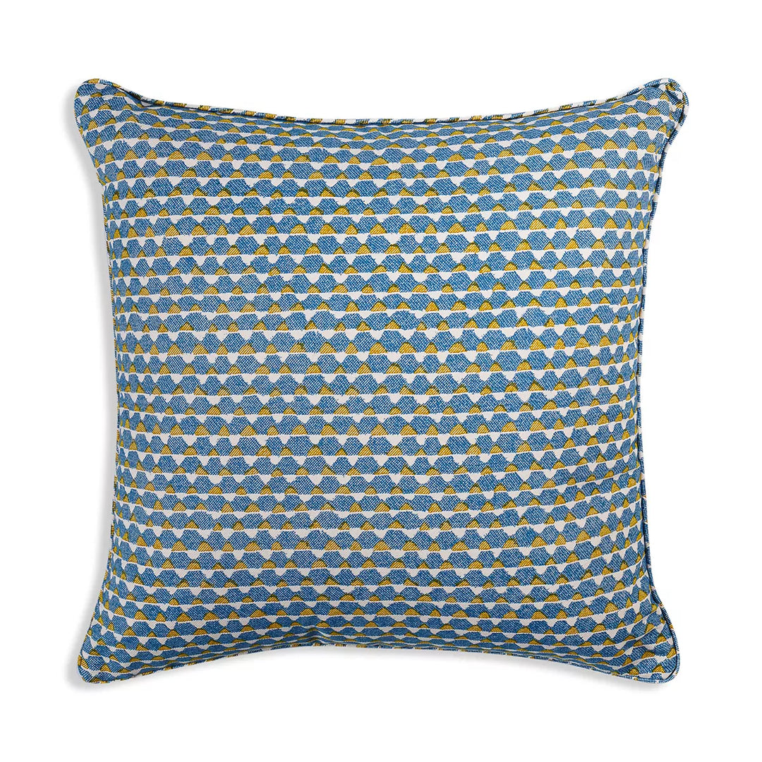 Large Square Cushion in Blue and Yellow Tara, 21 x 21 Inches