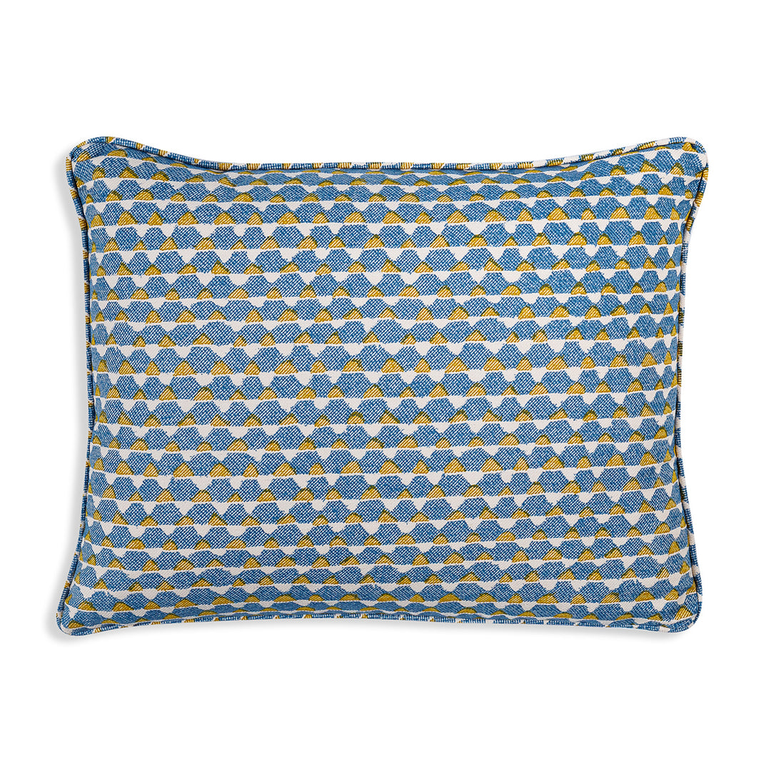 Small Oblong Cushion in Blue and Yellow Tara, 19 x 13.5 Inches