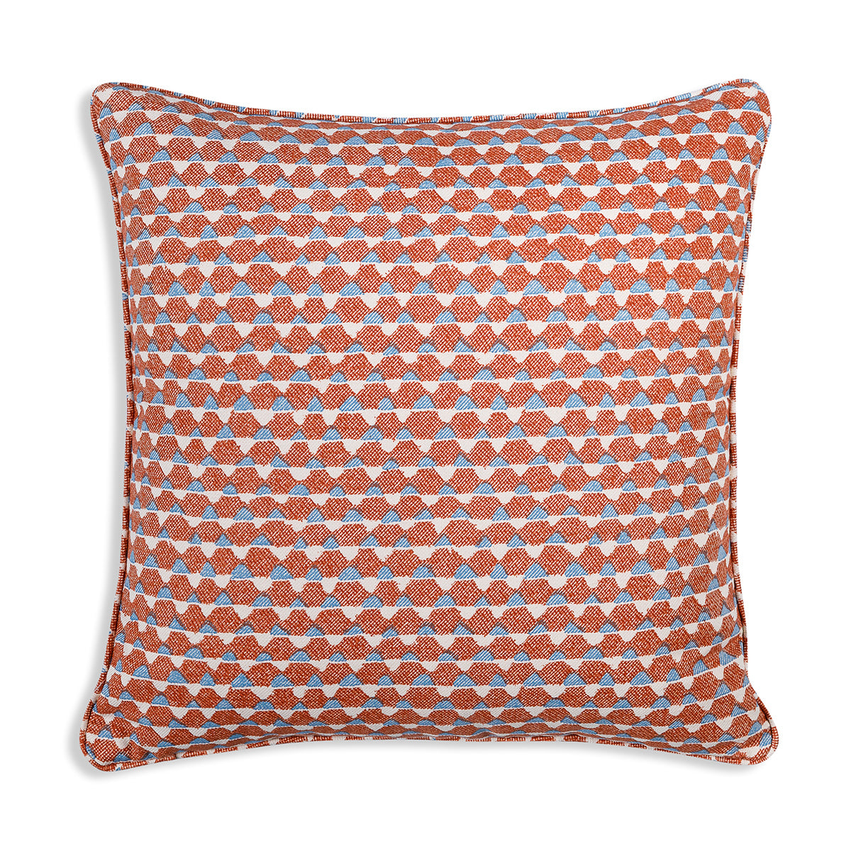 Small Square Cushion in Orange and Blue Tara, 17 x 17 Inches