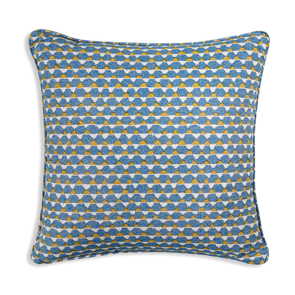 Small Square Cushion in Blue and Yellow Tara, 17 x 17 Inches
