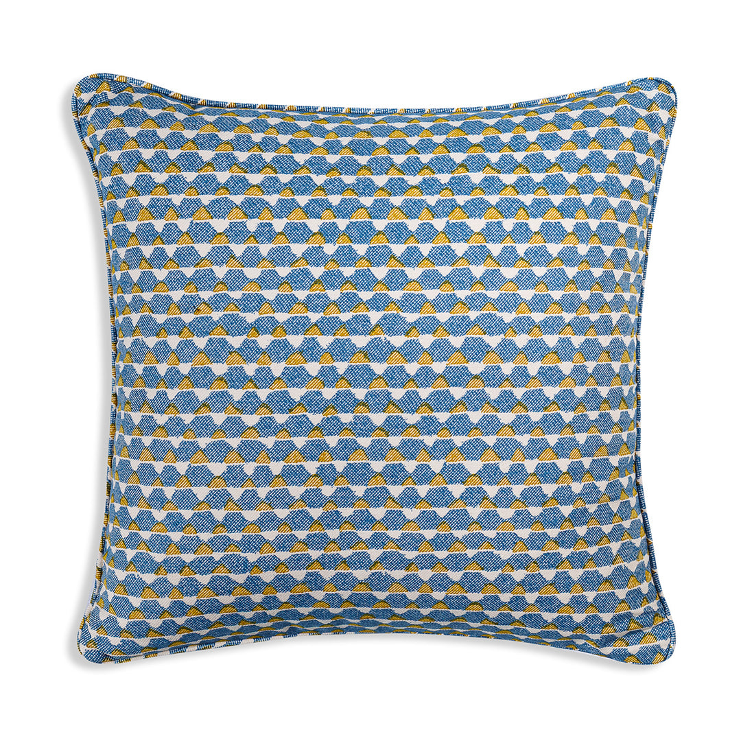 Small Square Cushion in Blue and Yellow Tara, 17 x 17 Inches