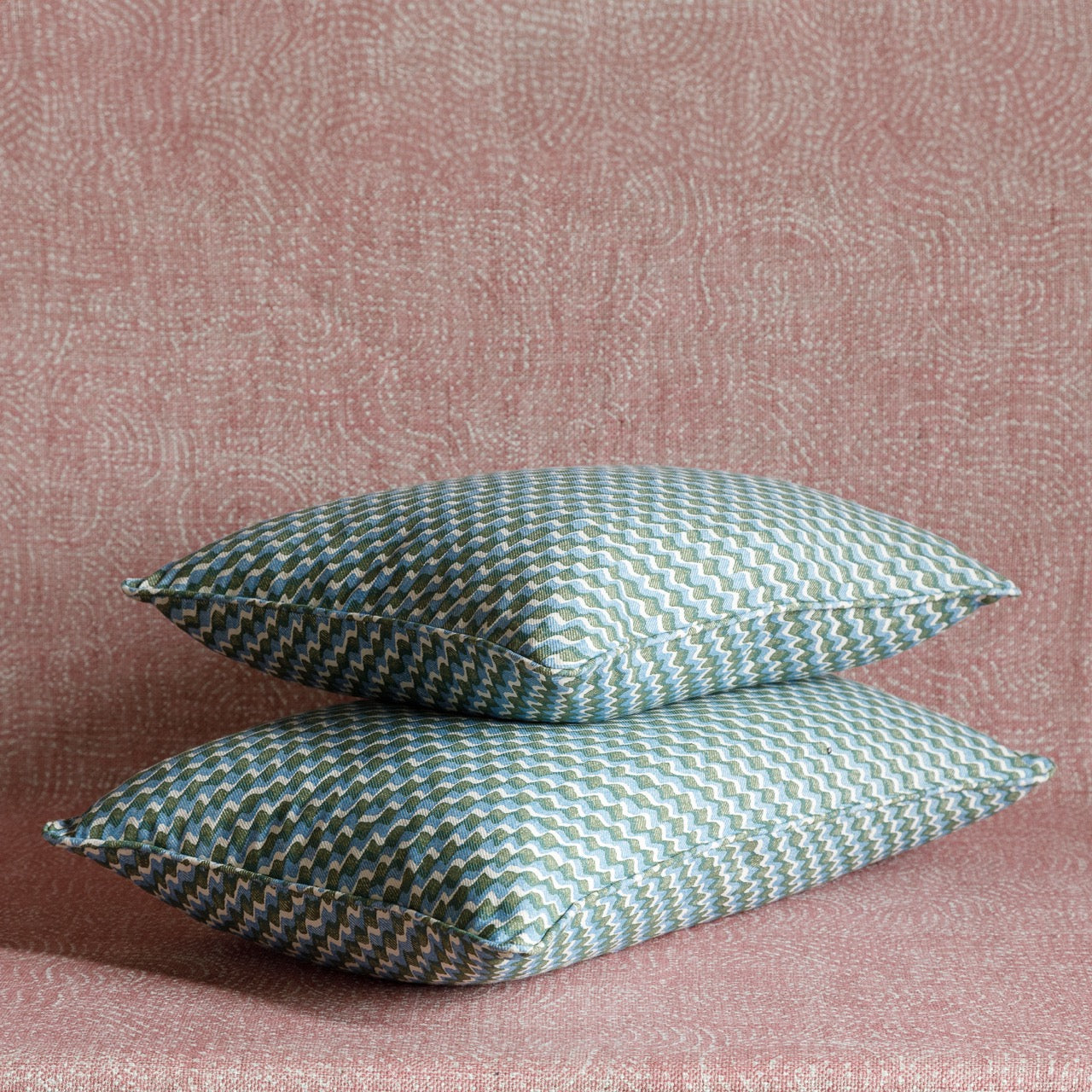 Small Oblong Cushion in Green and Blue Ruffle, 17 x 14