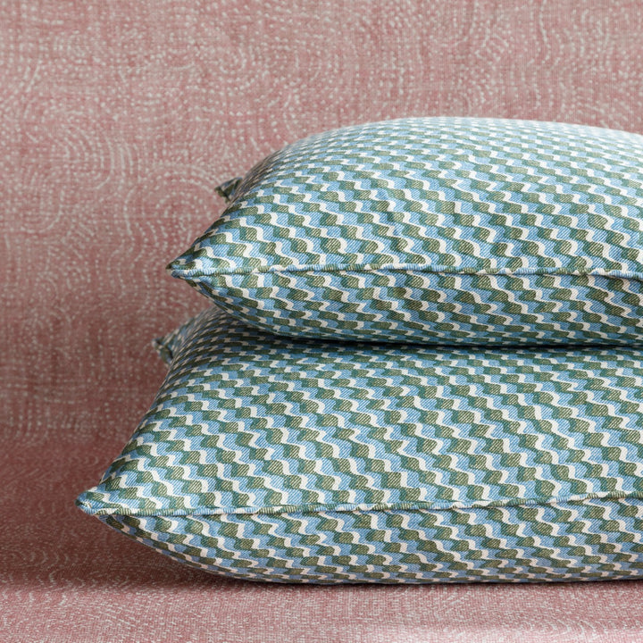 Small Square Cushion in Green and Blue Ruffle, 17 x 17