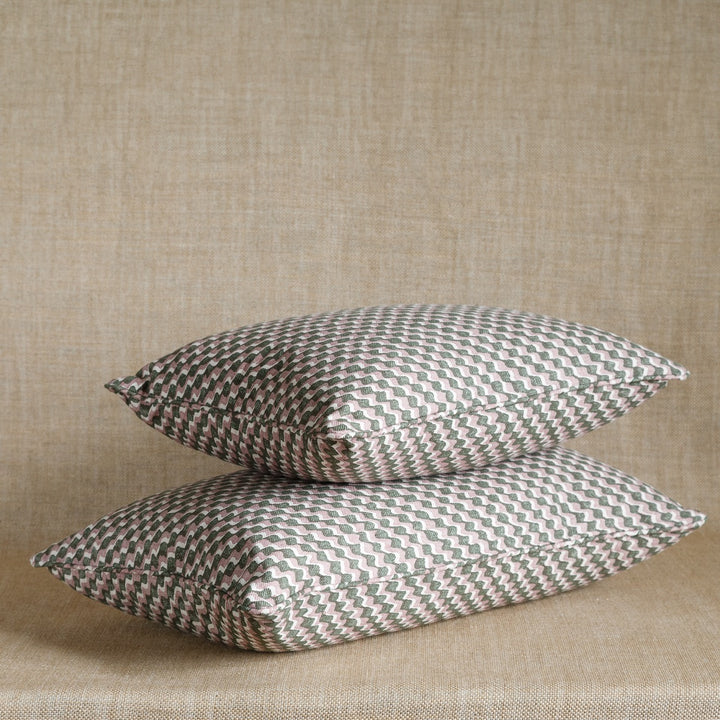 Large Oblong Cushion in Green and Pink Ruffle, 21 x 14