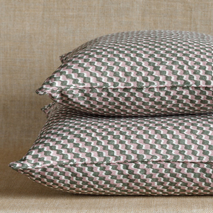 Large Square Cushion in Green and Pink Ruffle, 21 x 21