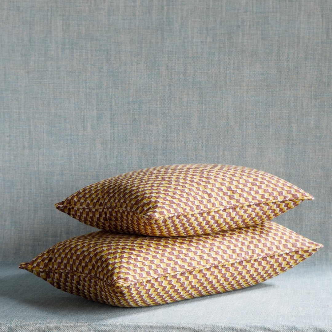 Small Oblong Cushion in Yellow and Dark Pink Ruffle, 17 x 14