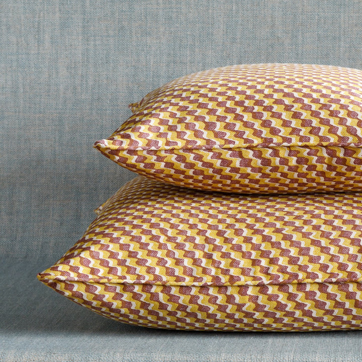 Large Square Cushion in Yellow and Dark Pink Ruffle, 21 x 21