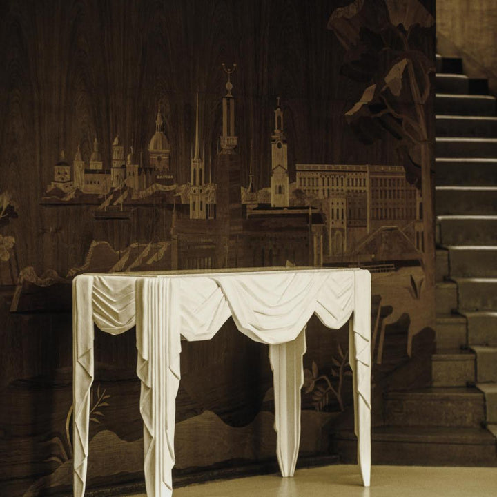 Teatro Console - Anziano White with Romano Travertine unfilled & honed