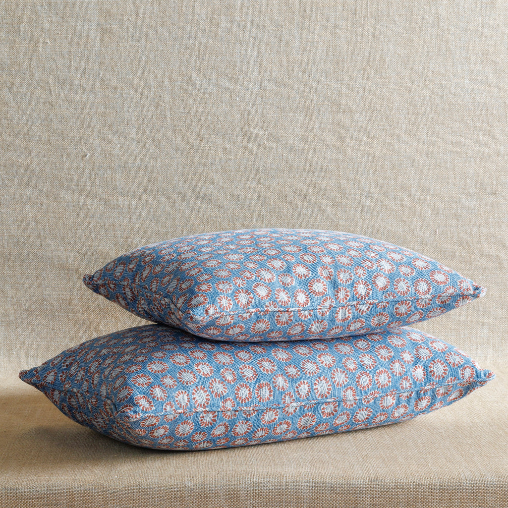 Large Oblong Cushion in Blue and Red Coral, 14 x 21 Inches