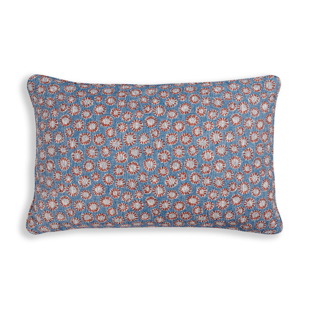 Large Oblong Cushion in Blue and Red Coral, 14 x 21 Inches