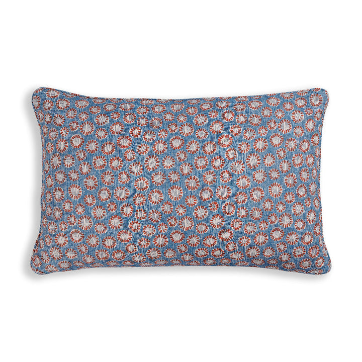 Large Oblong Cushion in Blue and Red Coral, 14 x 21 Inches
