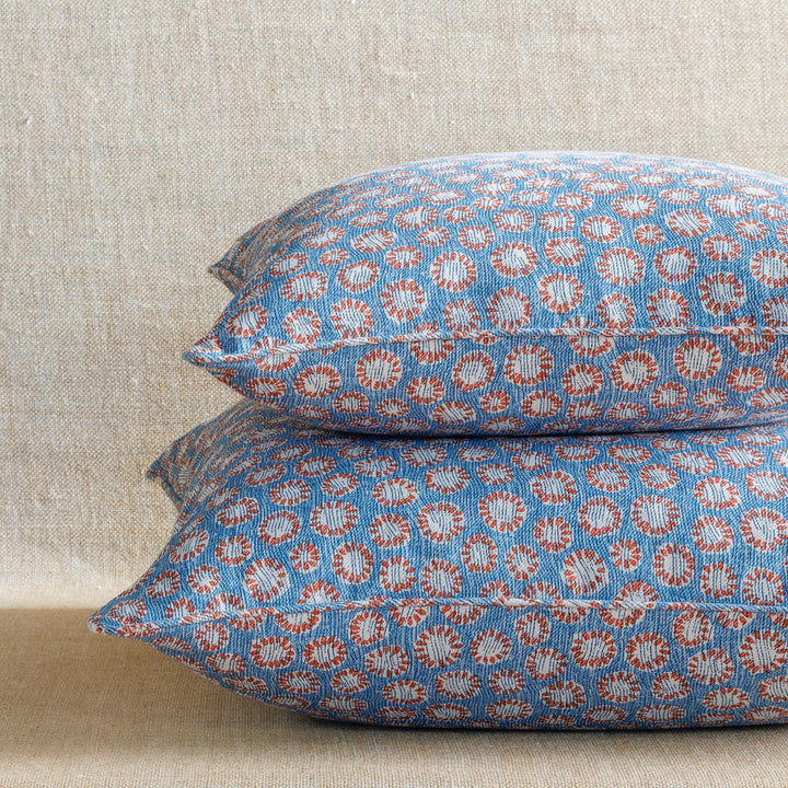 Large Square Cushion in Blue and Red Coral, 21 x 21 Inches
