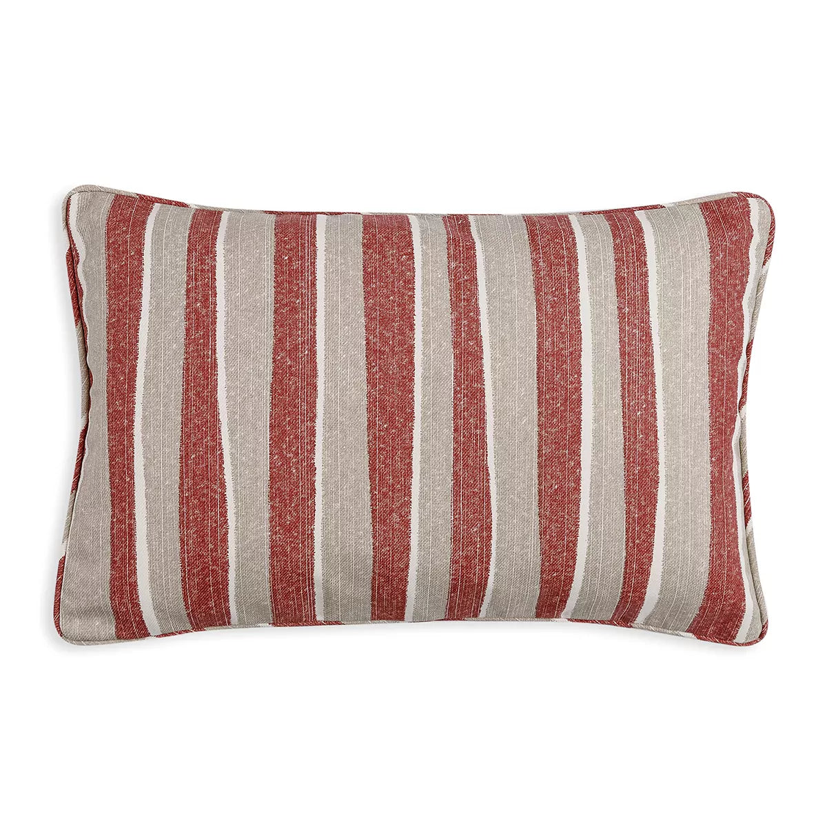 Small Oblong Cushion in Red and Neutral Orchard Stripe Indoor-Outdoor, 17 x 14