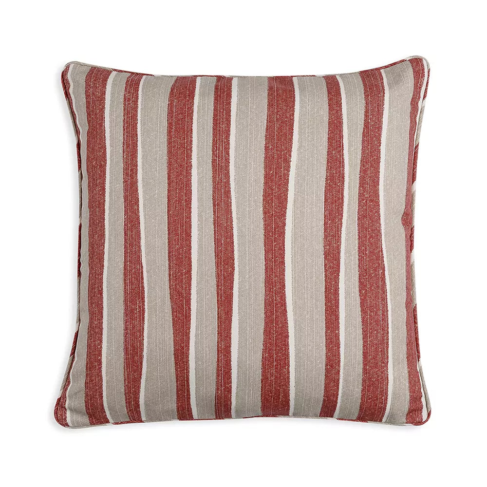 Small Square Cushion in Red and Neutral Orchard Stripe Indoor-Outdoor, 17 x 17