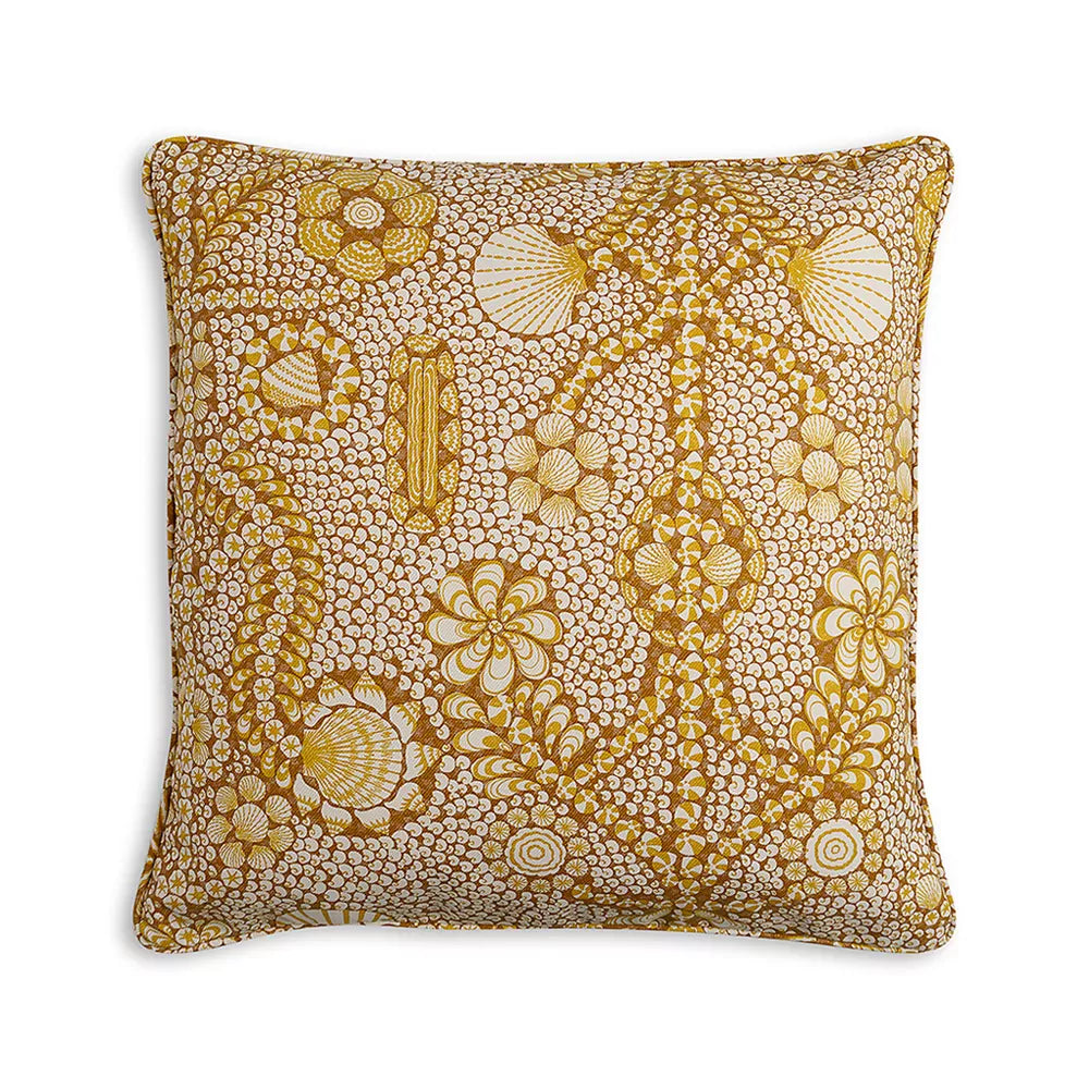 Small Square Cushion in Yellow Shell Grotto Indoor-Outdoor, 17 x 17