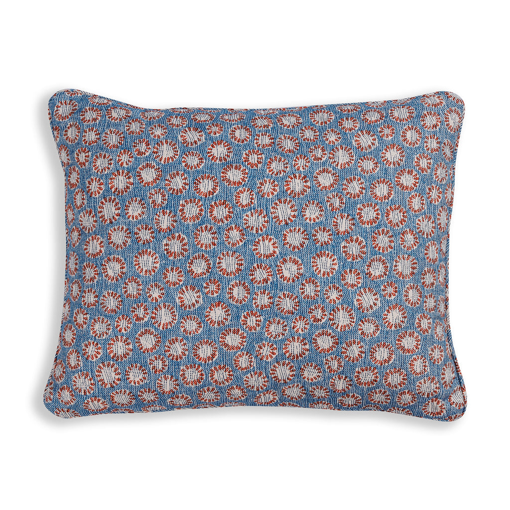 Small Oblong Cushion in Blue and Red Coral, 14 x 17 Inches