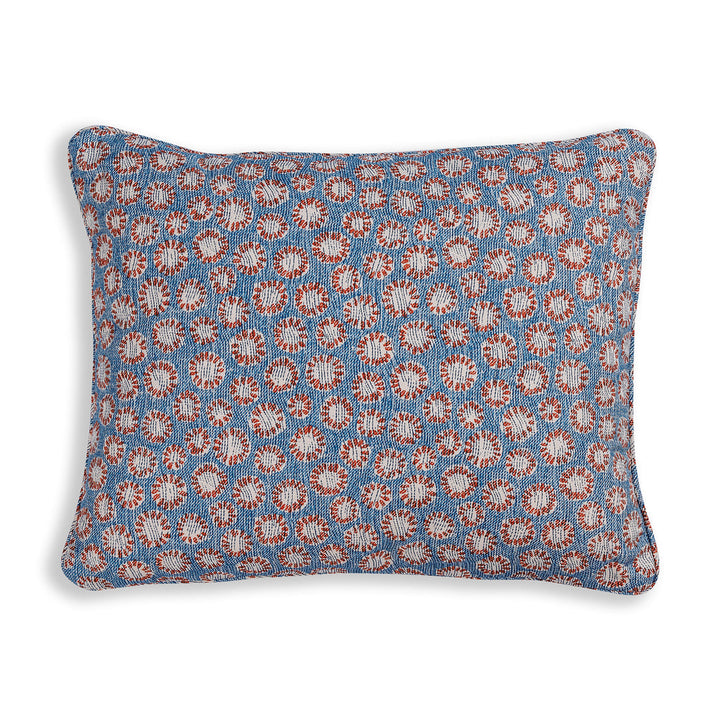 Small Oblong Cushion in Blue and Red Coral, 14 x 17 Inches