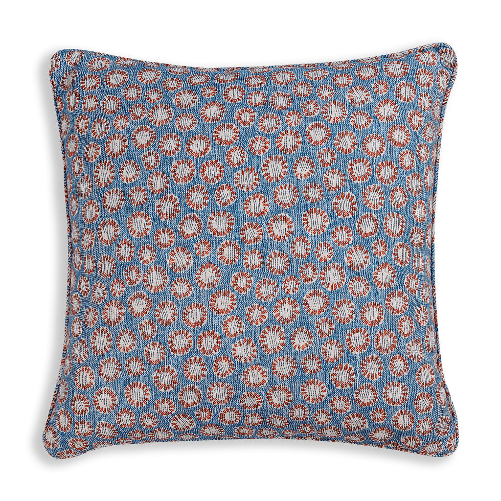 Small Square Cushion in Blue and Red Coral, 17 x 17 Inches