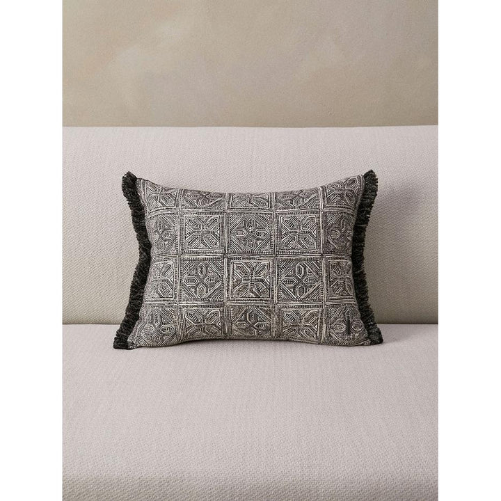 Batik Block Print Cushion with Fringing - Charcoal