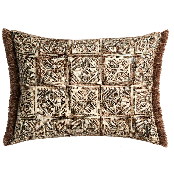 Batik Block Print Cushion with Fringing - Brick
