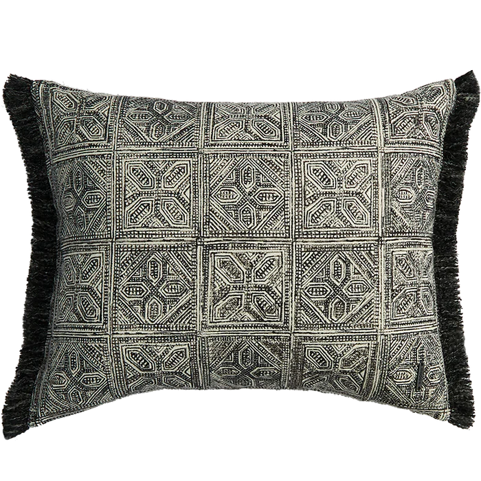 Batik Block Print Cushion with Fringing - Charcoal