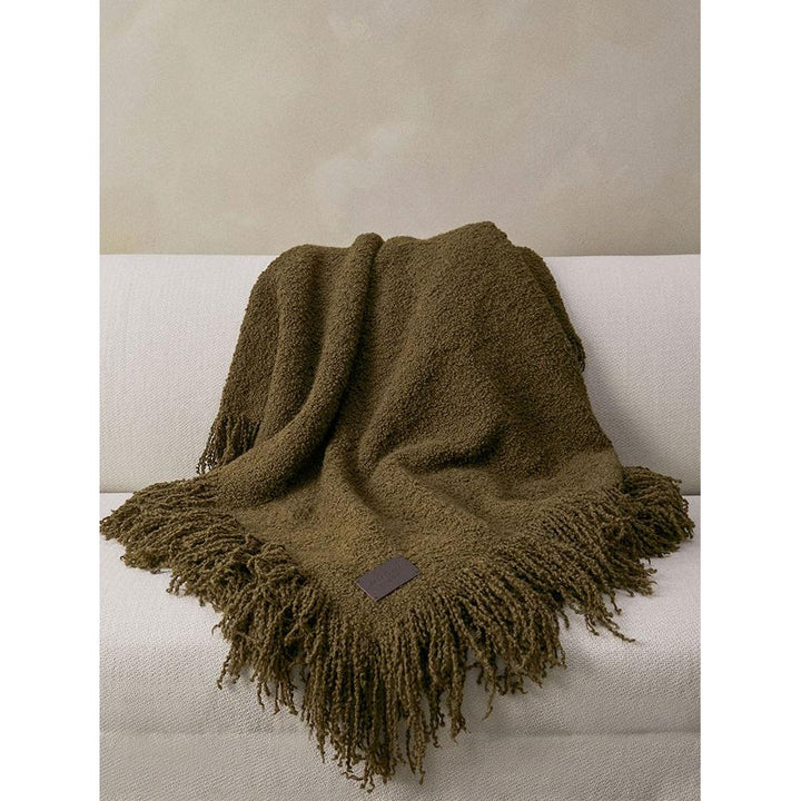 Handwoven Alpaca Blanket with Fringe - Khaki