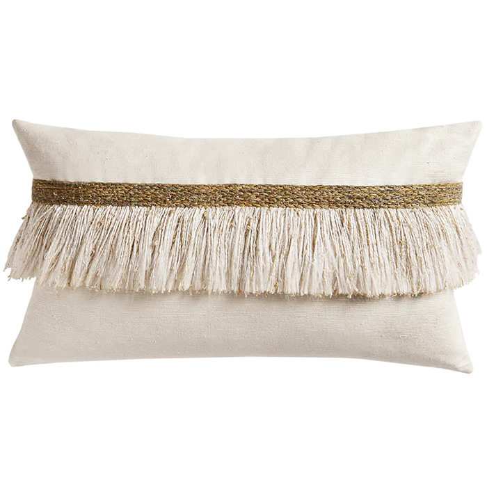 Jungle Silk Cushion with Textured Fringe - Coconut