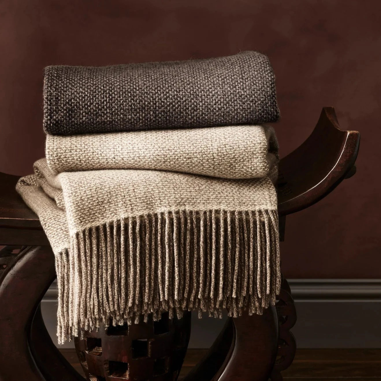 Mouline Cashmere Bed Throw with Fringe - Chocolate