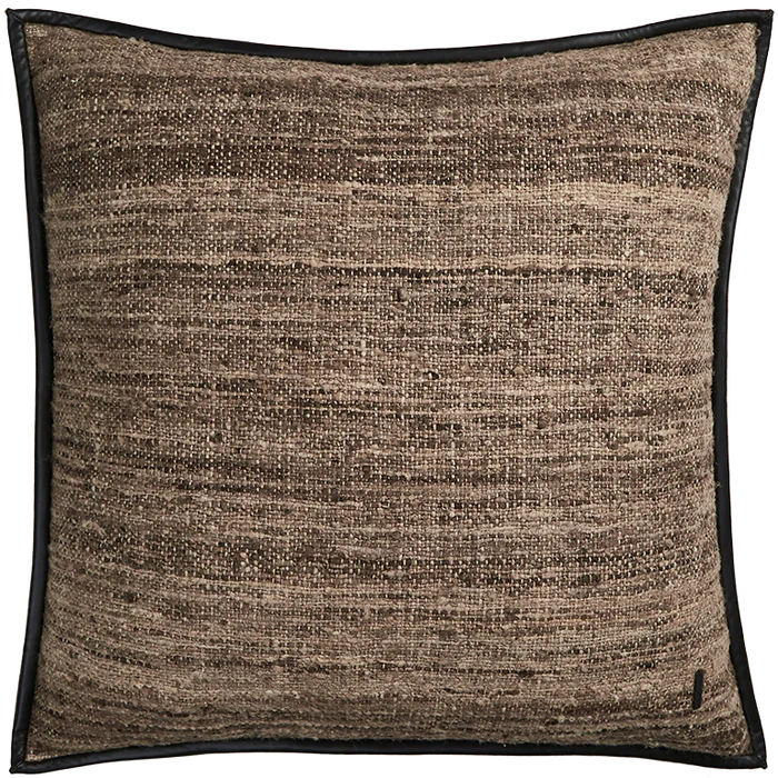 Wild Silk Cushion with Leather Trim - Natural