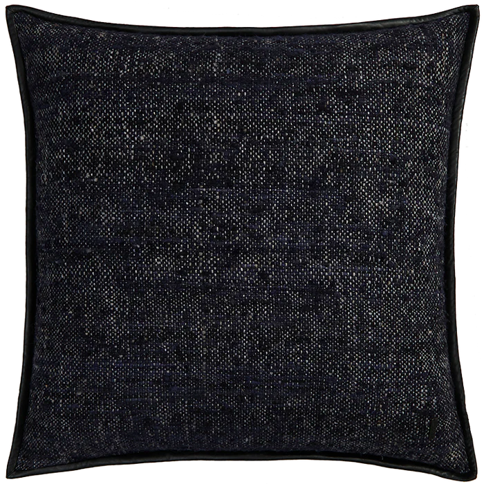 Wild Silk Cushion with Leather Trim - Navy