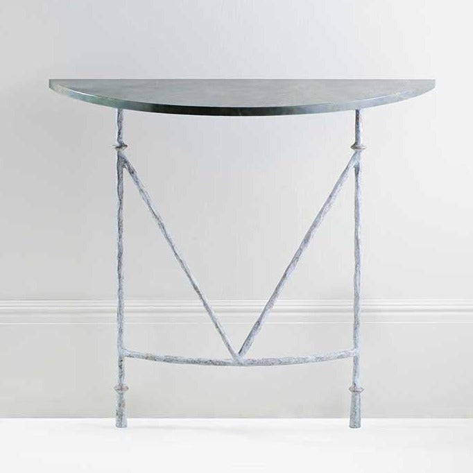 Stanley Demi Lune Console - Blue Verdigris shown with Verdi Fantastico marble top