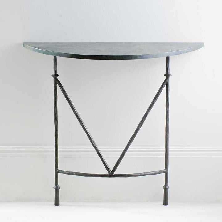 Stanley Demi Lune Console - Bronzed shown with Verdi Fantastico marble top