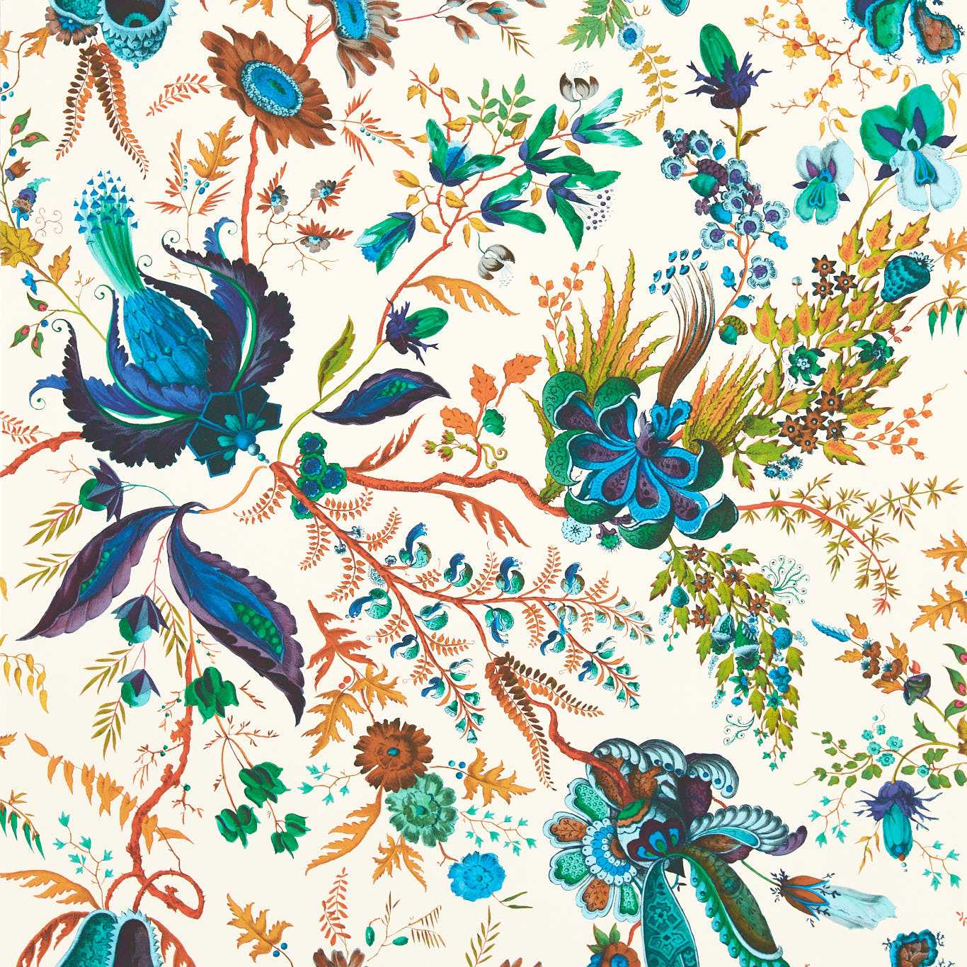 Wonderland Floral Wallcovering - Lapis / Emerald / Carnelian