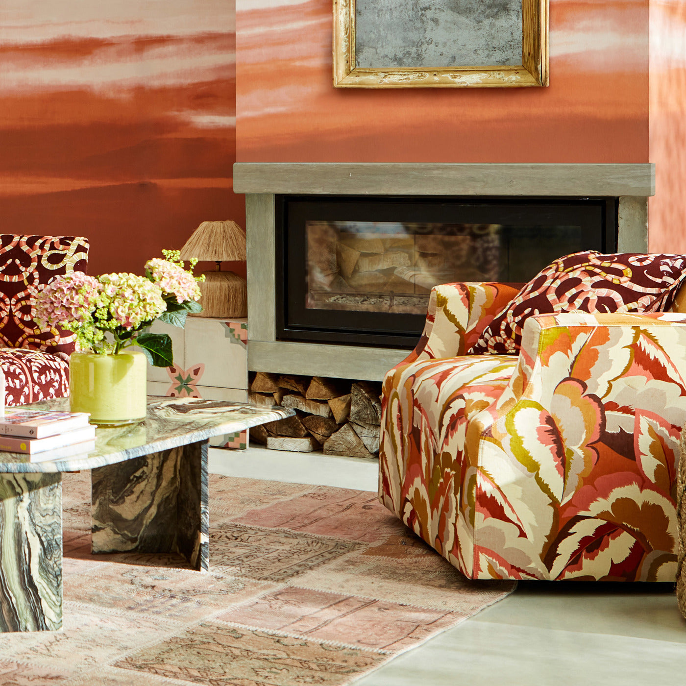 Calathea Fabric - Amber Light / Brazilian Rosewood / Pomegranate / Shiitake