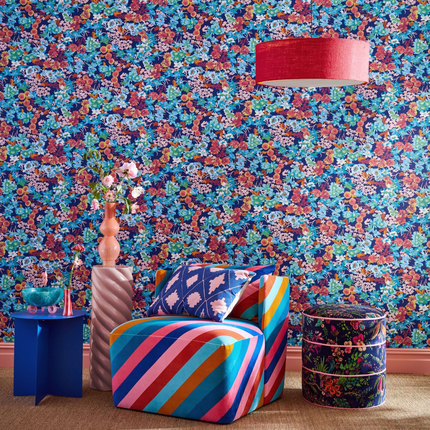 Wildflower Meadow Wallcovering - Lapis / Carnelian / Aquamarine
