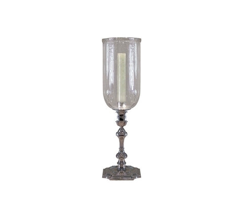 LARGE SILVER CANDLESTICK WITH GLASS HURRICANE
